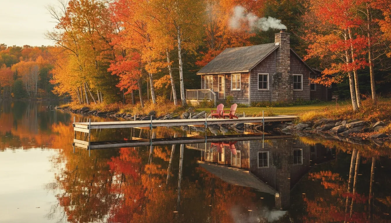 Rustic Canadian lakeside cottage with weathered cedar siding and wooden dock surrounded by fall foliage, inherited property that does not disqualify you from the FHSA