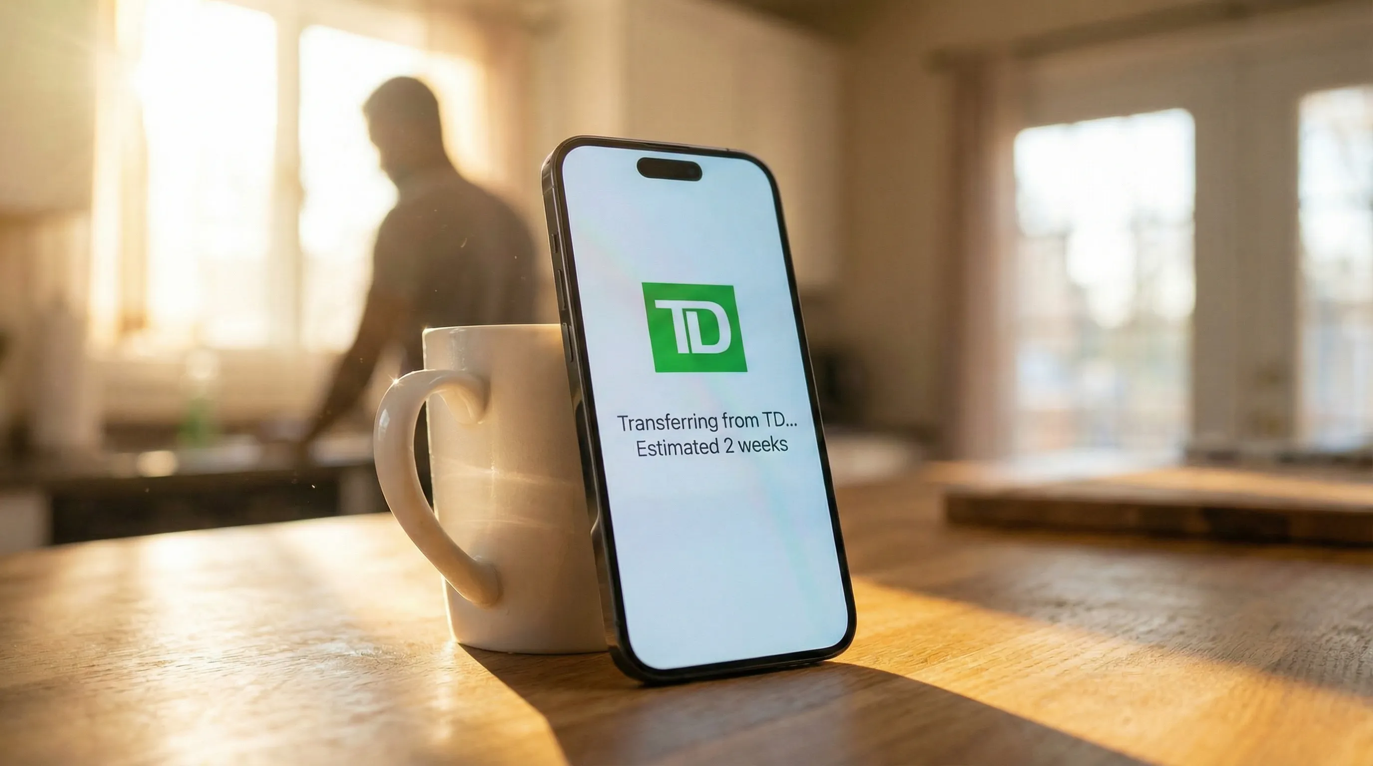 Smartphone leaning against a coffee mug displaying a transfer progress screen reading Transferring from TD, Estimated 2 weeks, showing a TFSA institutional transfer in progress