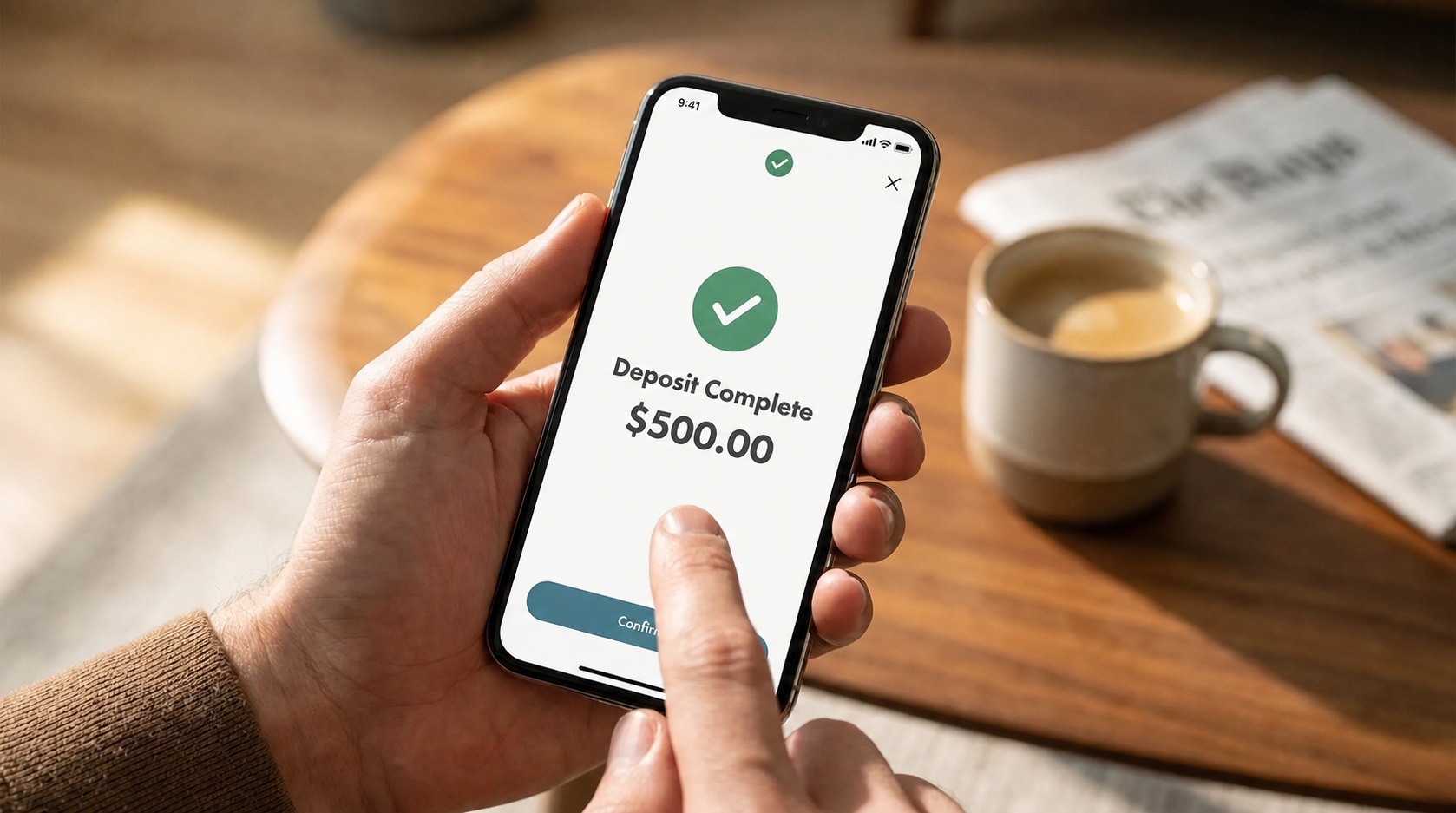 Brand-neutral illustration of a $500 deposit confirmation in a generic investing app