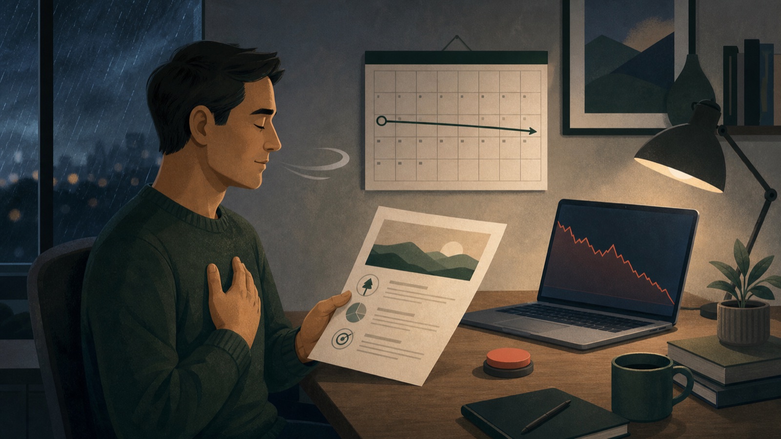 Original illustration of an investor calmly following a long-term plan during a sharp market decline